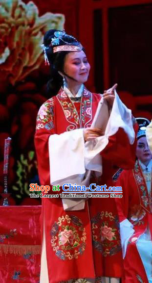 Chinese Shaoxing Opera Old Woman The Wrong Red Silk Costumes Yue Opera Dame Garment Elderly Female Red Apparels and Headpieces