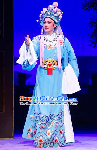 Chinese Yue Opera Official Costumes Garment Shaoxing Opera Meng Lijun Apparels Young Male Scholar Blue Embroidered Robe and Headwear