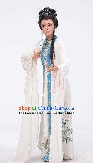 Chinese Shaoxing Opera Hua Tan White Dress and Headpieces Yue Opera Wu Nv Bai Shou Actress Garment Costumes Young Female Apparels
