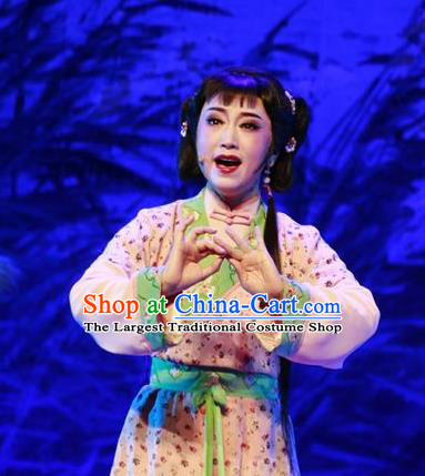 Chinese Shaoxing Opera Xiao Dan Dress and Hair Accessories Yue Opera Shuang Jiao Jie Qin Costumes Garment Slave Girl Apparels