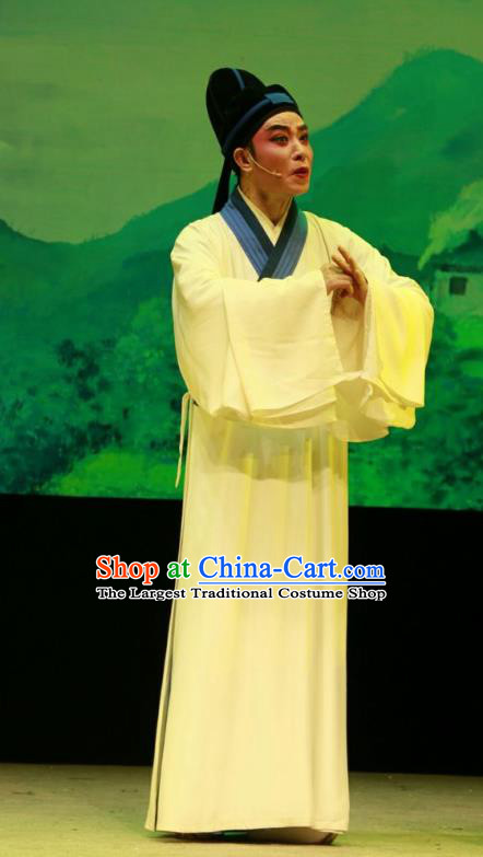 Chinese Yue Opera Scholar Shuang Jiao Jie Qin Costumes and Hat Shaoxing Opera Young Male Garment White Robe Niche Apparels