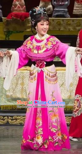 Chinese Shaoxing Opera Actress Rosy Dress Apparels Yue Opera Wu Nv Bai Shou Hua Dan Costumes Garment and Headpieces