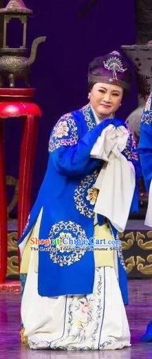 Chinese Shaoxing Opera Rich Dame Blue Dress Apparels Yue Opera Wu Nv Bai Shou Lao Dan Costumes Elderly Female Garment and Headdress