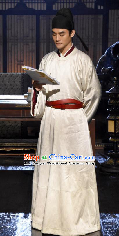 Chinese Ancient Emperor White Clothing Drama Serenade of Peaceful Joy Song Dynasty Renzong Monarch Zhao Zhen Wang Kai Historical Costumes and Hat