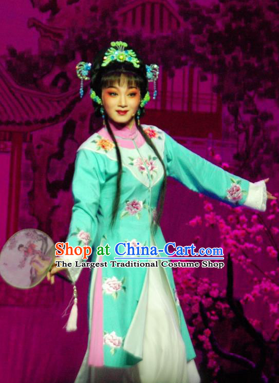 Chinese Shaoxing Opera Noble Lady Green Dress and Headpieces Yue Opera Hua Tan Costume Tan Chun Actress Apparels Garment