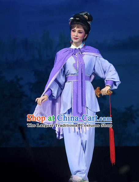 Chinese Shaoxing Opera Wudan Purple Dress Garment and Hair Accessories Yue Opera Zhuang Yuan Da Geng Martial Female Liu Chanjin Apparels Costumes