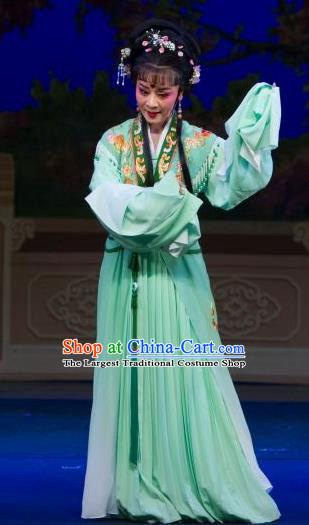 Chinese Shaoxing Opera Young Lady Green Dress Costumes Garment and Headpieces Tao Li Mei Yue Opera Huadan Yuan Yumei Female Apparels