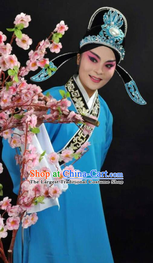 Li Mei Yue Chinese Yue Opera Young Man Blue Robe Clothing and Hat Shaoxing Opera Xiaosheng Garment Scholar Apparels Costumes