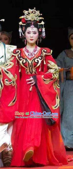 Chinese Shaoxing Opera Hua Tan Red Dress Costumes and Headpieces Han Feizi Yue Opera Actress Princess Apparels Garment