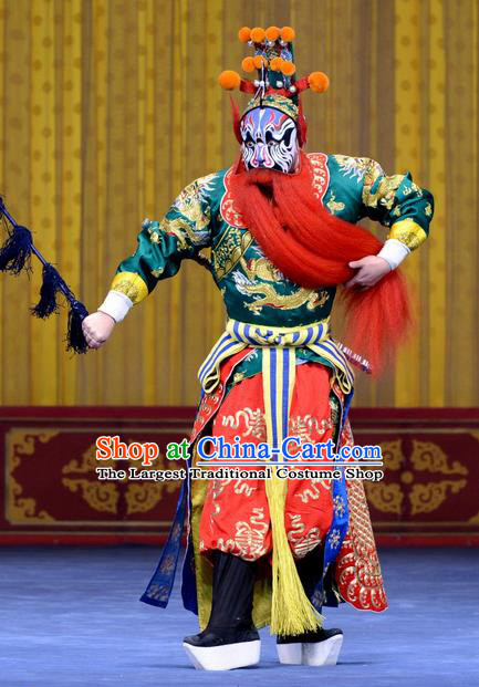Yao Qi Chinese Peking Opera Martial Male Garment Costumes and Headwear Beijing Opera Wusheng Apparels Takefu Green Clothing