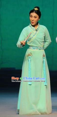 Chinese Ping Opera Actress Young Lady Apparels Costumes and Headpieces Traditional Pingju Opera The Butterfly Lovers Diva Zhu Yingtai Green Dress Garment