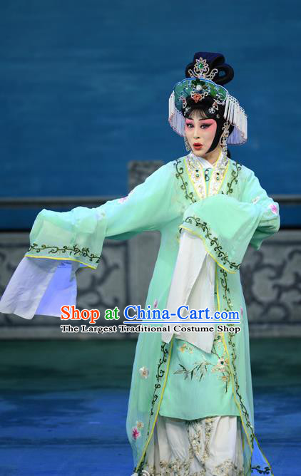 Chinese Beijing Opera Hua Tan Apparels Costumes and Headdress Xie Yaohuan Traditional Peking Opera Actress Green Dress Garment
