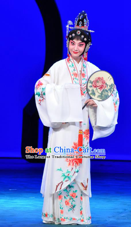 Chinese Beijing Opera Young Female Apparels Costumes and Headdress Xie Yaohuan Traditional Peking Opera Hua Tan White Dress Diva Garment