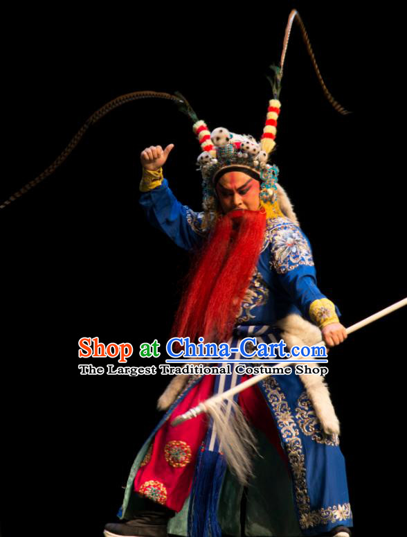 San Da Tao Sanchun Chinese Peking Opera Swordsman Garment Costumes and Headwear Beijing Opera Martial Male Apparels Takefu Gao Huaide Clothing