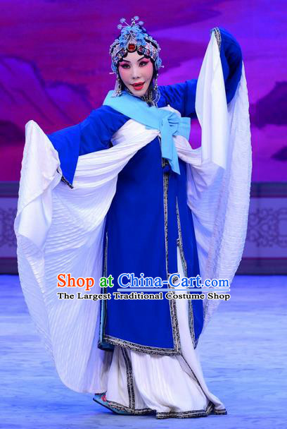 Chinese Beijing Opera Tsing Yi Apparels Actress Costumes and Headdress Han Yuniang Traditional Peking Opera Distress Maiden Blue Dress Actress Garment