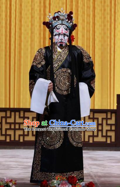 Chained Traps Chinese Peking Opera Laosheng Garment Costumes and Headwear Beijing Opera Jing Role Apparels Martial Male Black Clothing