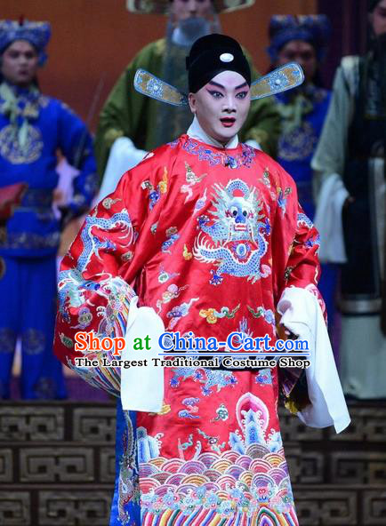 Tian Dao Xing Chinese Peking Opera Official Dong Hong Garment Costumes and Headwear Beijing Opera Xiaosheng Apparels Young Man Red Robe Clothing