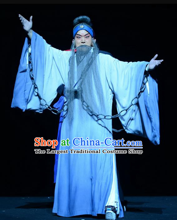 Qu Yuan Chinese Peking Opera Laosheng Garment Costumes and Headwear Beijing Opera Scholar Apparels Prisoner Clothing