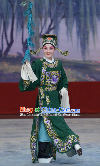 Su Xiaomei Chinese Peking Opera Niche Garment Costumes and Headwear Beijing Opera Young Male Apparels Scholar Green Clothing