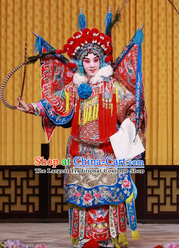 Chinese Beijing Opera Female General Armor Apparels Mu Ke Zhai Costumes and Headpieces Traditional Peking Opera Tao Ma Tan Dress Mu Guiying Kao Garment with Flags