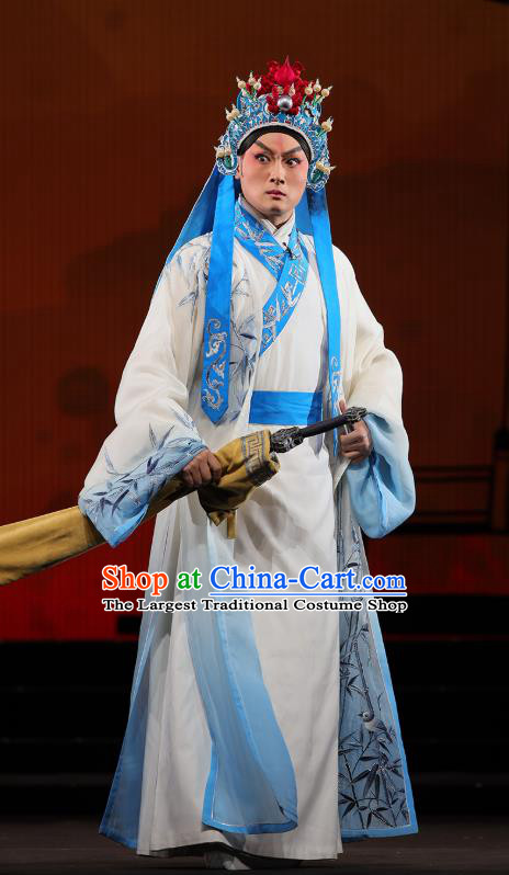 Mei Hua Zan Chinese Peking Opera Xiaosheng Garment Costumes and Headwear Beijing Opera Martial Male Apparels Swordsman Li Liangchuan Clothing