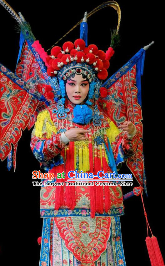 Chinese Beijing Opera Tao Ma Tan Kao Apparels Fan Jiang Guan Costumes and Headdress Traditional Peking Opera Female General Fan Lihua Dress Armor Garment with Flags