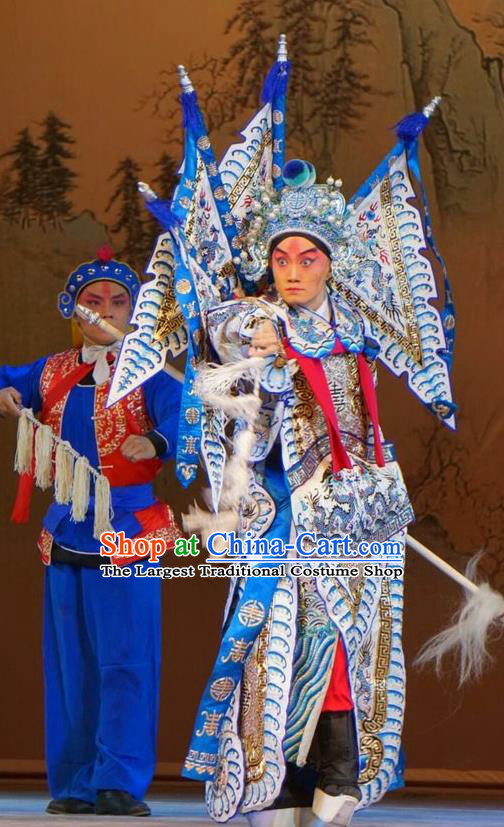 Legend of Xu Mu Chinese Peking Opera Armor Apparels Costumes and Headpieces Beijing Opera Military Officer Garment General Zhao Yun Kao Clothing with Flags