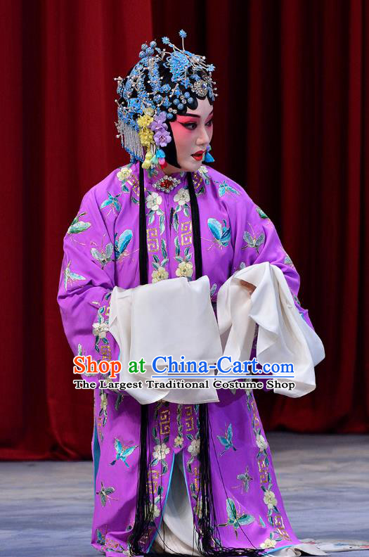 Chinese Beijing Opera Hua Tan Dou E Garment Snow in June Costumes and Hair Accessories Traditional Peking Opera Actress Purple Dress Young Female Apparels