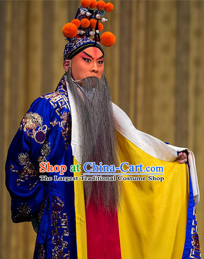 Four Heroes Village Chinese Peking Opera Wusheng Apparels Costumes and Headpieces Beijing Opera Martial Male Garment Swordsman Luo Hongxun Blue Clothing