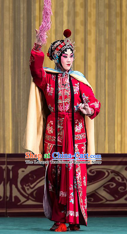 Chinese Beijing Opera Female Swordsman Garment Four Heroes Village Costumes and Hair Accessories Traditional Peking Opera Actress Hua Bilian Red Dress Apparels