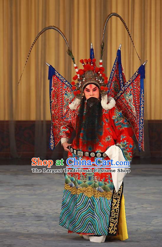 Ying Xiong Yi Chinese Peking Opera Wusheng Apparels Costumes and Headpieces Beijing Opera General Shi Wengong Garment Kao Clothing with Flags