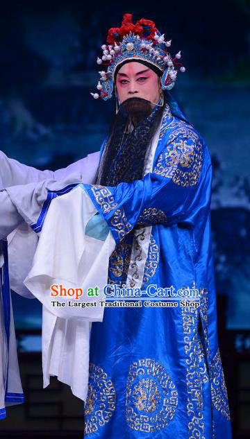 Shao Gu Ji Chinese Ping Opera Laosheng Garment Costumes and Headwear Pingju Opera Minister Zhu Huai Blue Robe Apparels Clothing