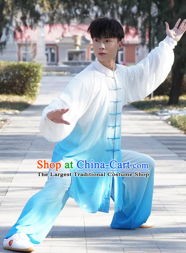 Top Male Kung Fu Costume Martial Arts Training Uniform Shaolin Wushu Clothing Tai Ji Competition Gradient Blue Outfits