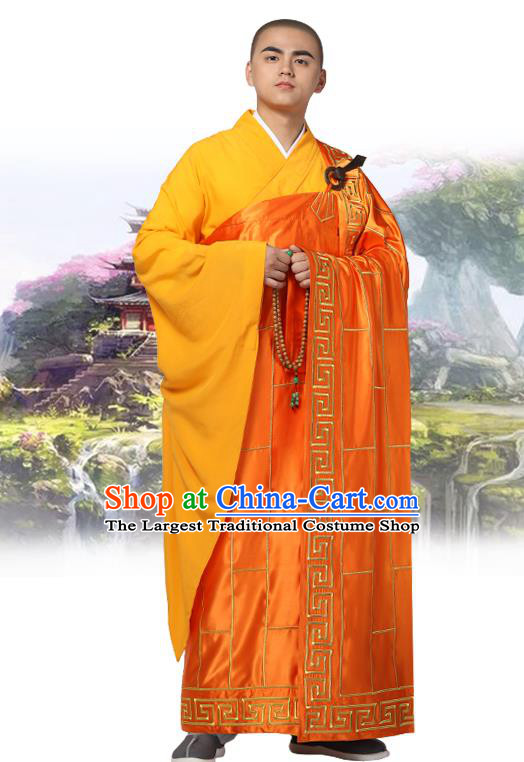 Chinese Traditional Monk Orange Silk Frock Costume Buddhism Clothing Cassock Bonze Garment for Men