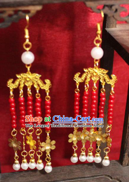 Traditional Chinese Ancient Princess Red Beads Tassel Earrings Handmade Jewelry Accessories Eardrop for Women