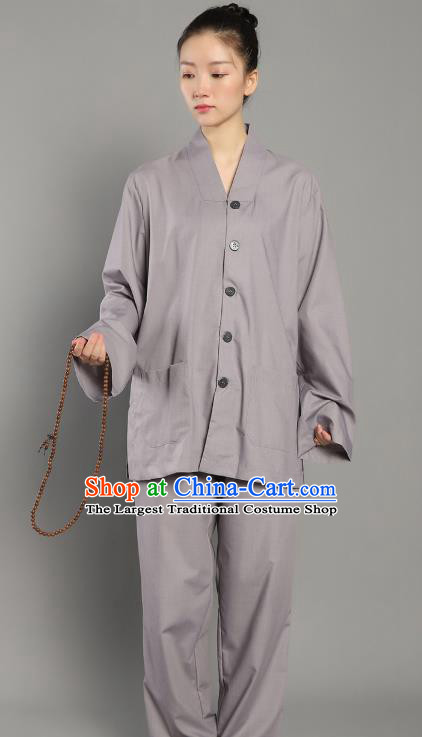 Chinese Lay Buddhist Dress Costume Traditional Meditation Garment Clothing Grey Blouse and Pants for Women