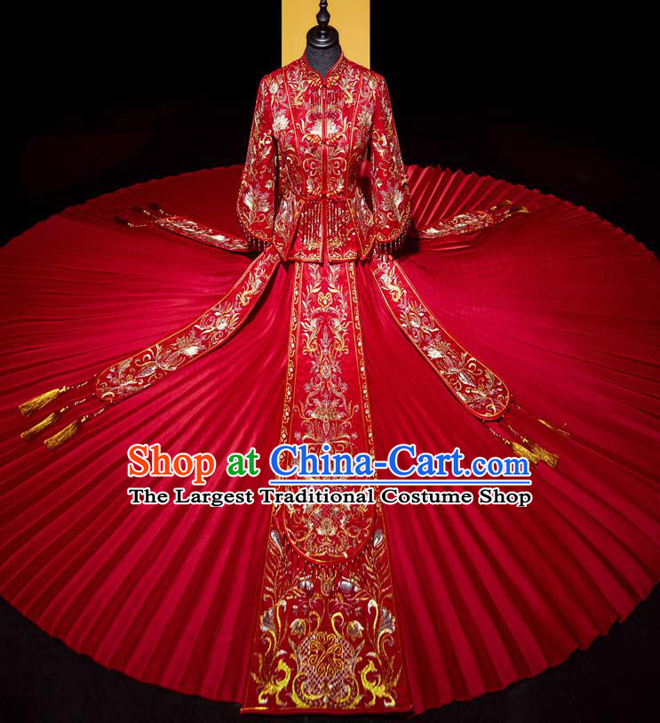 Top Grade Chinese Traditional Wedding Costumes Ancient Bride Red Beads Tassel Xiuhe Suit Toast Dress for Women