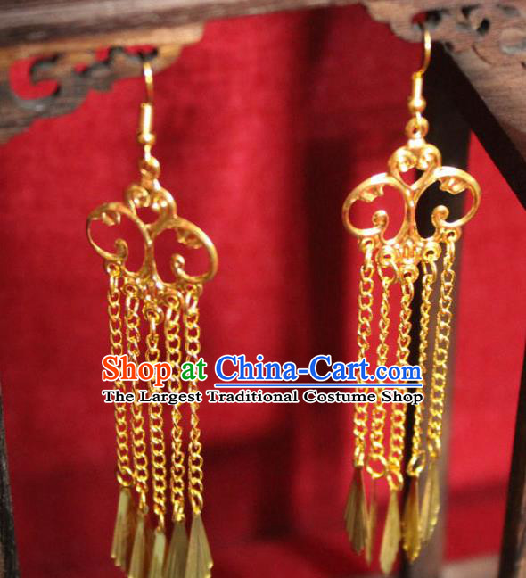 Traditional Chinese Ancient Princess Golden Tassel Earrings Handmade Jewelry Accessories Eardrop for Women