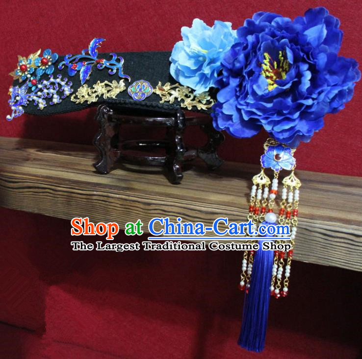 Chinese Ancient Imperial Consort Blue Peony Phoenix Coronet Hair Jewelry Traditional Handmade Hairpins Qing Dynasty Queen Hair Accessories Complete Set
