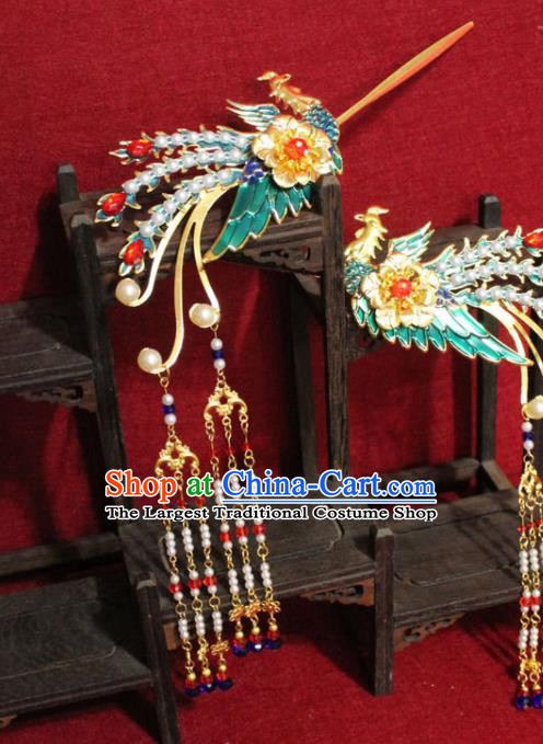 Traditional Chinese Handmade Blueing Phoenix Tassel Hairpins Ancient Qing Dynasty Imperial Consort Hair Accessories Hair Clip for Women