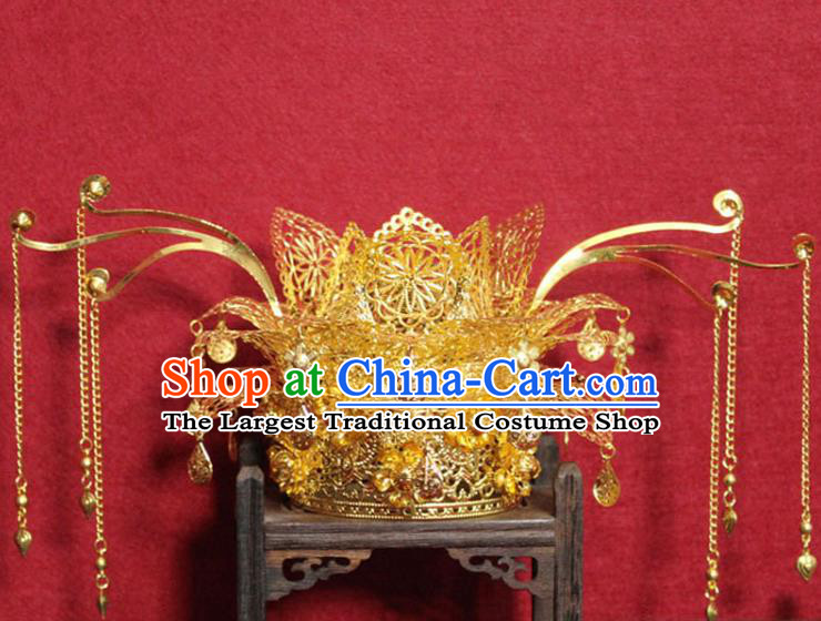 Traditional Chinese Ancient Empress Hair Accessories Golden Tassel Phoenix Coronet Handmade Hair Jewelry Hair Fascinators for Women