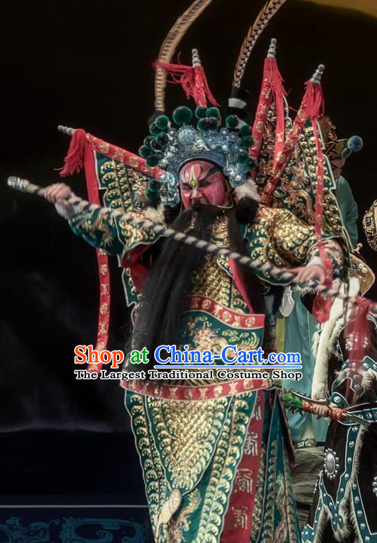 Shuang Ba Lang Chinese Sichuan Opera General Yang Jiye Apparels Costumes and Headpieces Peking Opera Painted Role Garment Green Kao Clothing with Flags