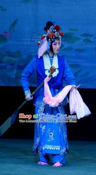 Chinese Beijing Opera Village Girl Xi Shi Apparels Costumes and Headdress Traditional Peking Opera Actress Blue Dress Garment