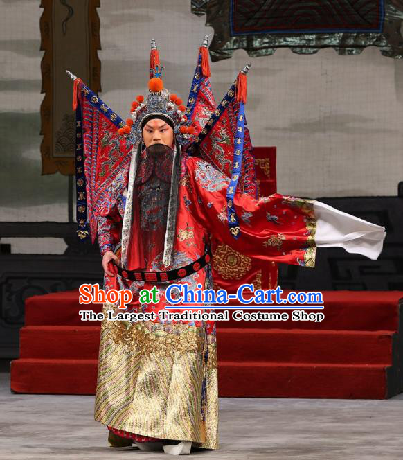 Xi Shi Chinese Peking Opera Wusheng Garment Costumes and Headwear Beijing Opera General Red Kao Armor Suit with Flags Apparels Clothing