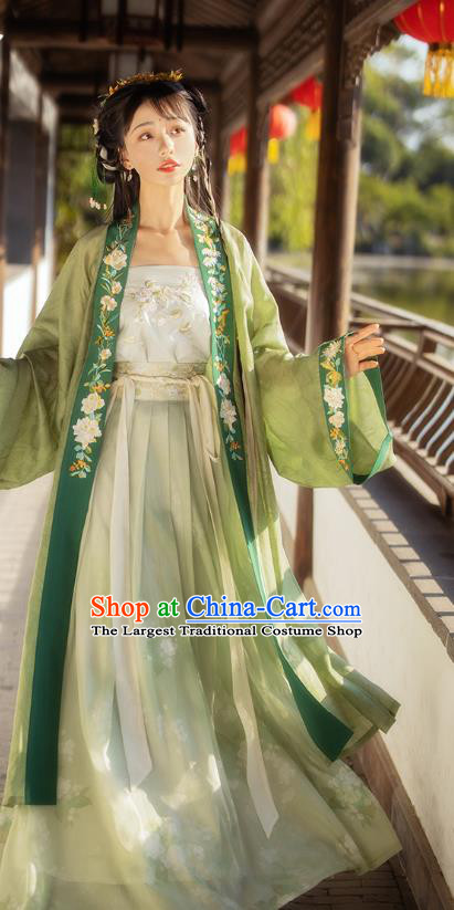 Traditional Chinese Song Dynasty Young Female Apparels Historical Costumes Ancient Royal Princess Embroidered Green Hanfu Dress