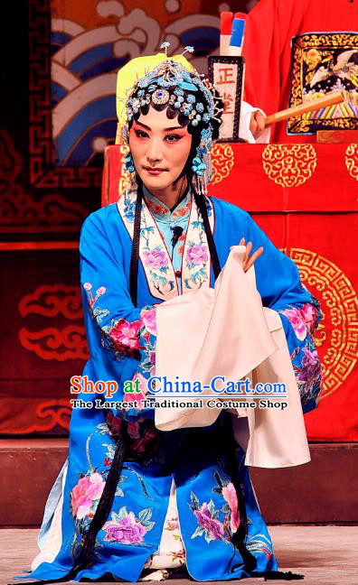 Chinese Beijing Opera Actress Apparels Costumes and Headdress Chen Sanliang Pa Tang Traditional Peking Opera Diva Blue Dress Courtesan Li Shuping Garment