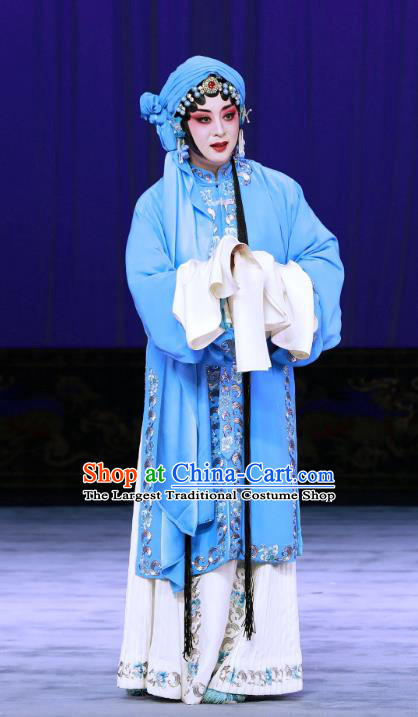 Chinese Beijing Opera Distress Maiden Apparels Costumes and Headdress The Unicorn Purse Traditional Peking Opera Tsing Yi Blue Dress Diva Garment
