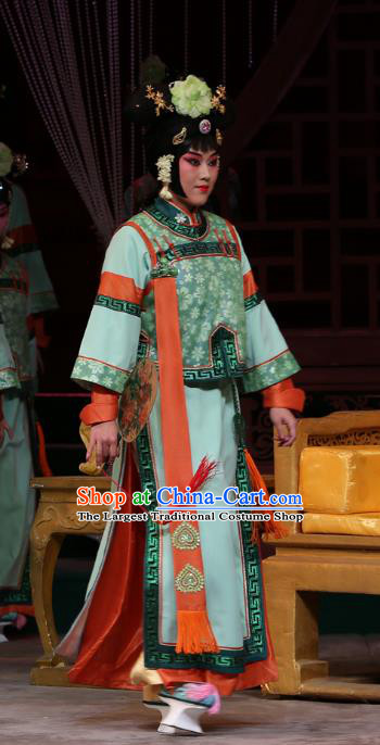 Chinese Beijing Opera Palace Lady Apparels Costumes and Headpieces Kangxi Dadi Traditional Peking Opera Court Maid Green Dress Garment
