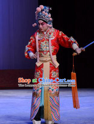 Chu Palace Hen Chinese Peking Opera Martial Male Garment Costumes and Headwear Beijing Opera Crown Prince Jian Red Apparels Clothing