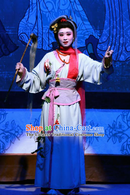Chinese Beijing Opera Young Female Chang E Apparels Costumes and Headpieces Zhen Guan Flourishing Age Traditional Peking Opera Diva Dress Actress Garment